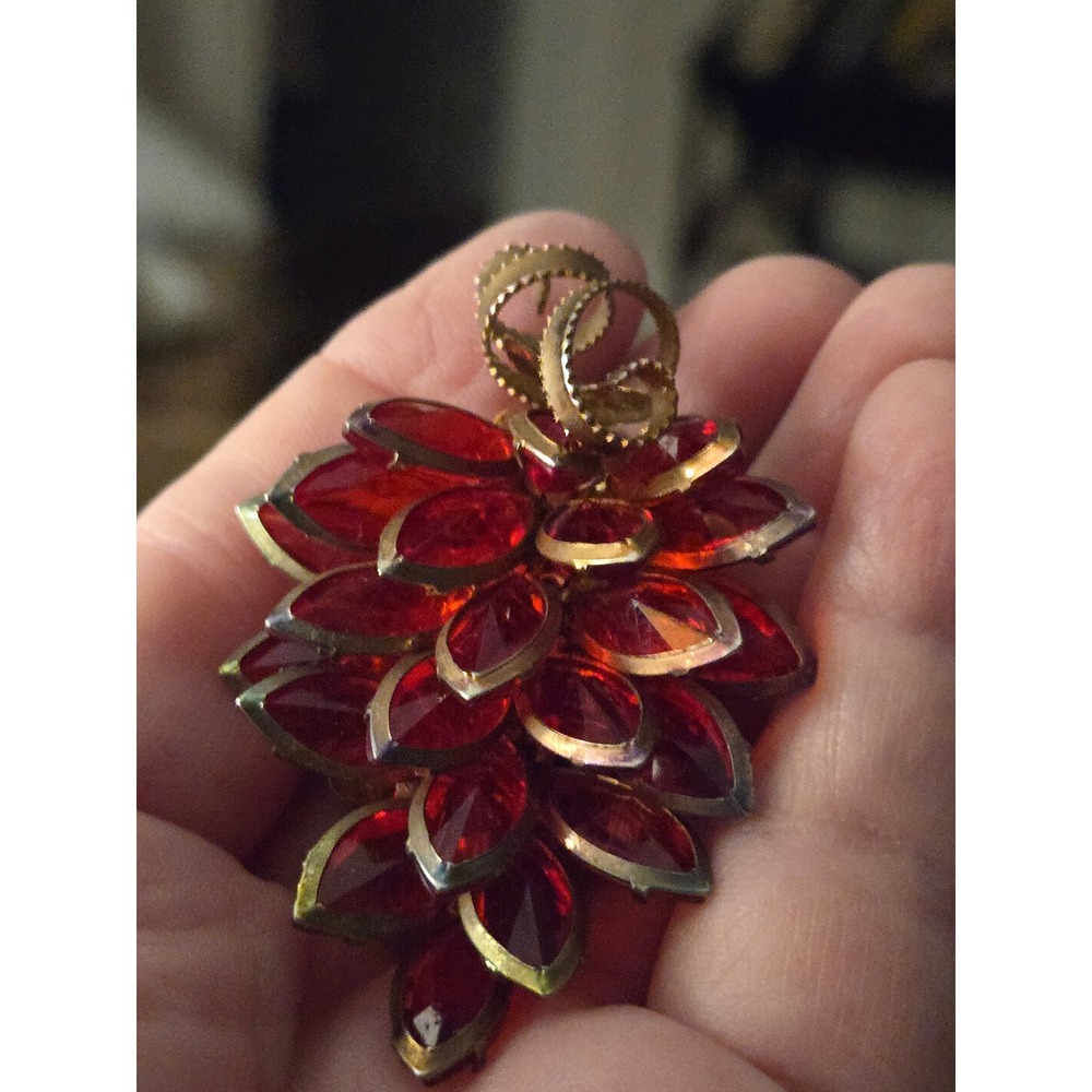 Red Brooch Acrylic Brass Navettes Vintage Pinecone Shaped? 1950S